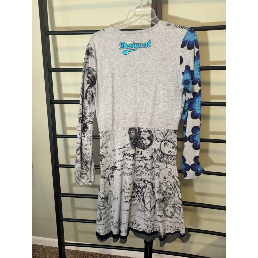 Desigual Womens XL Dress Sketchbook Graffiti Art Faces Blue Floral Long Sleeve - Picture 4 of 5